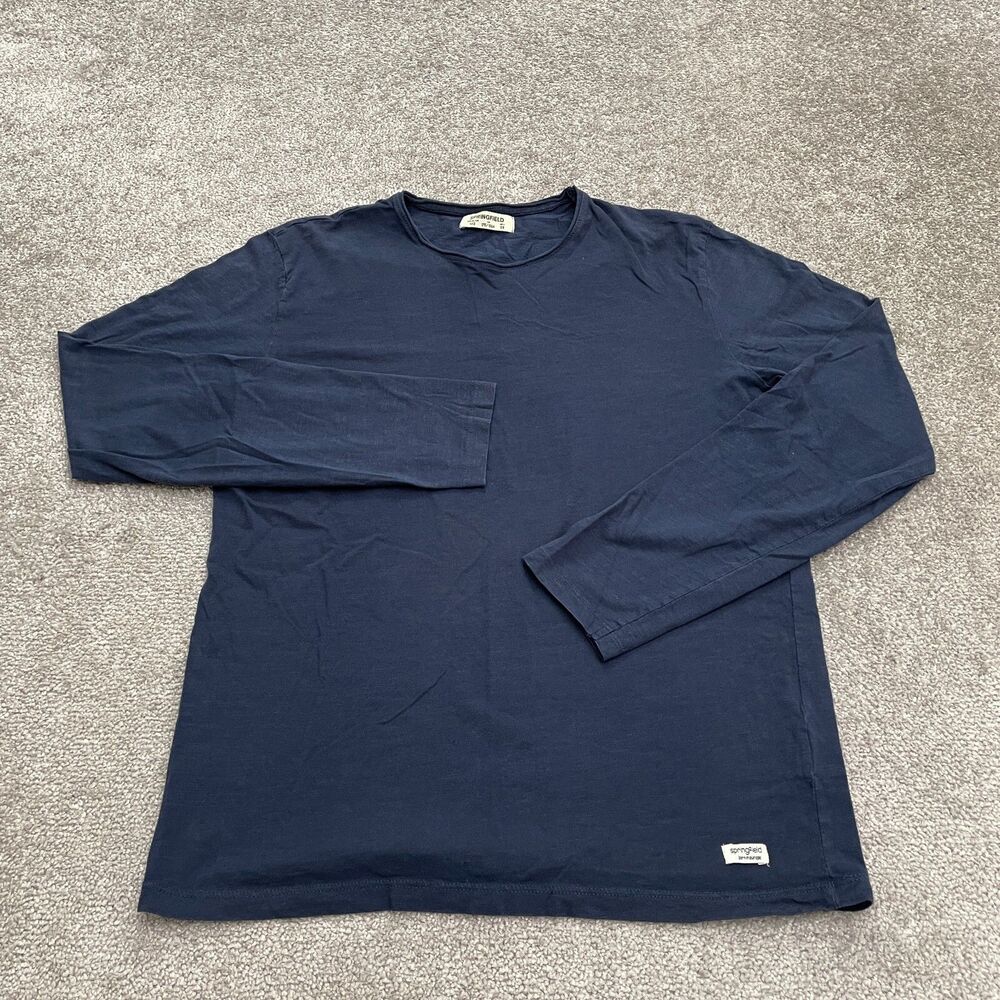 Springfield Basic Crew Neck T-Shirt Mens Medium Navy Blue Long Sleeve Cotton Tee